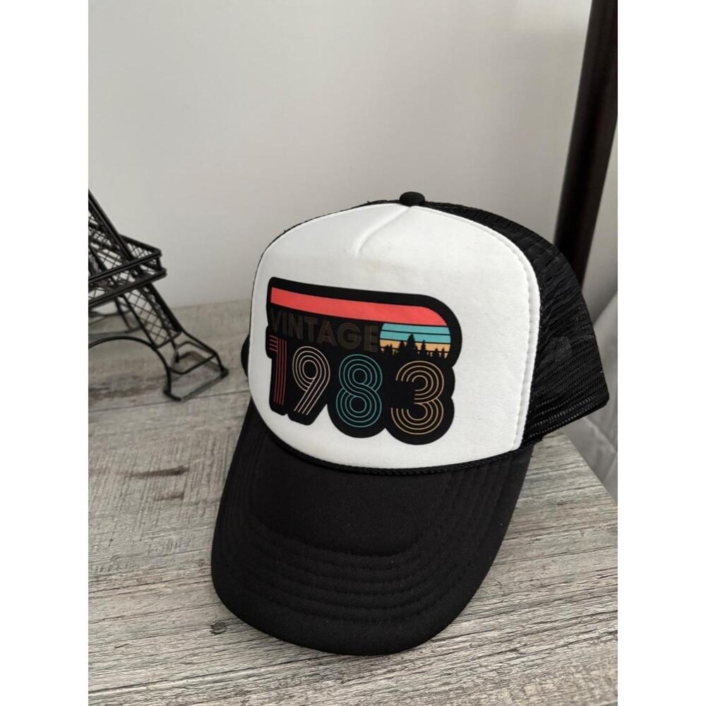 Gently Used-"Vintage"1983 Birthday‎ Trucker Hat Mesh Back Black White Retro Gift